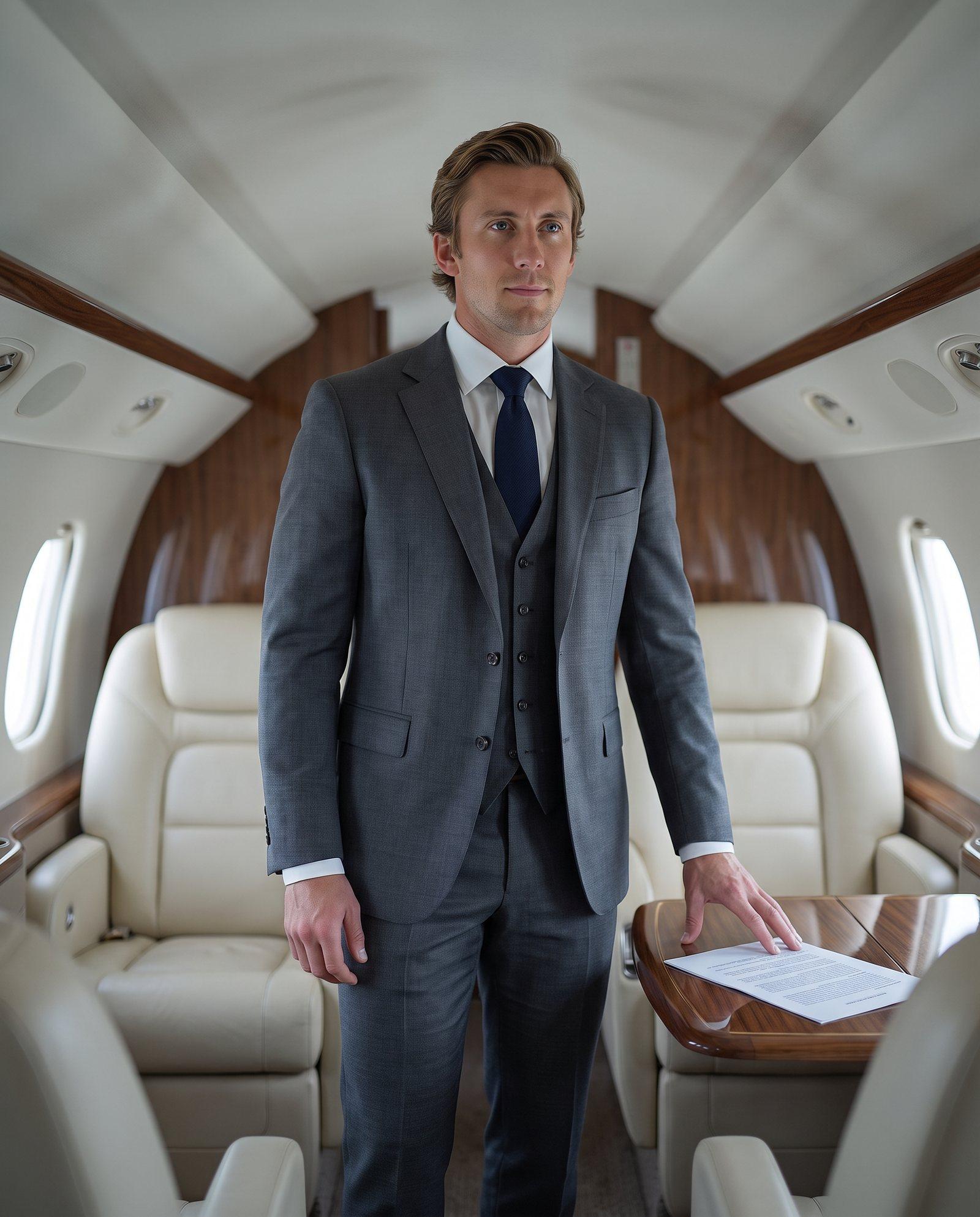 Tyler Hults, Founder and Principal of TRH Aviation, standing in a business jet cabin
