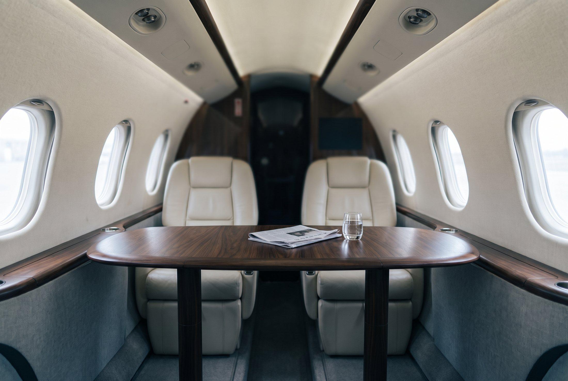 Business jet cabin interior, table set for a working flight